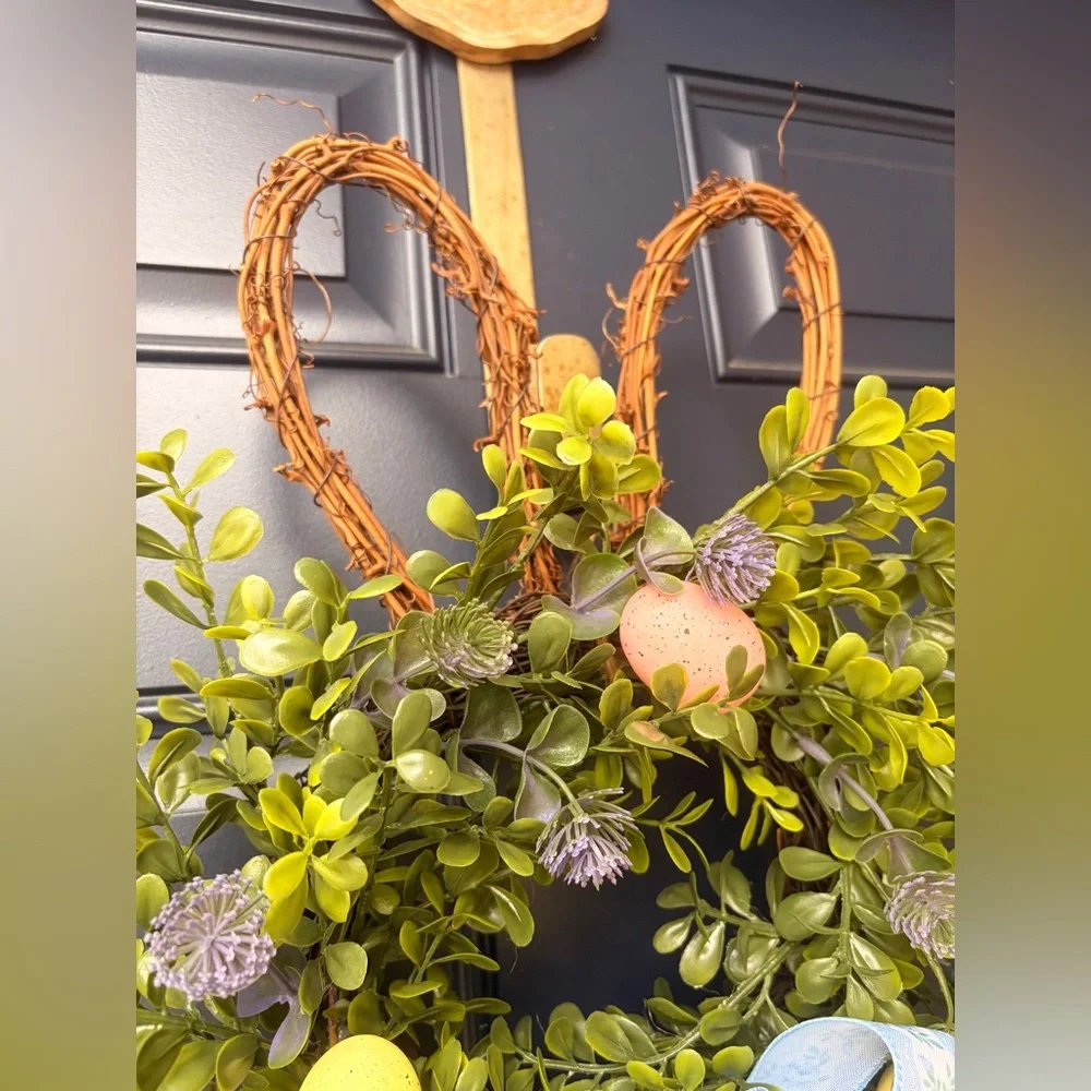 Handmade Boxwood Easter Bunny Wreath with Pastel Eggs and Blue Bow 28” x 13”